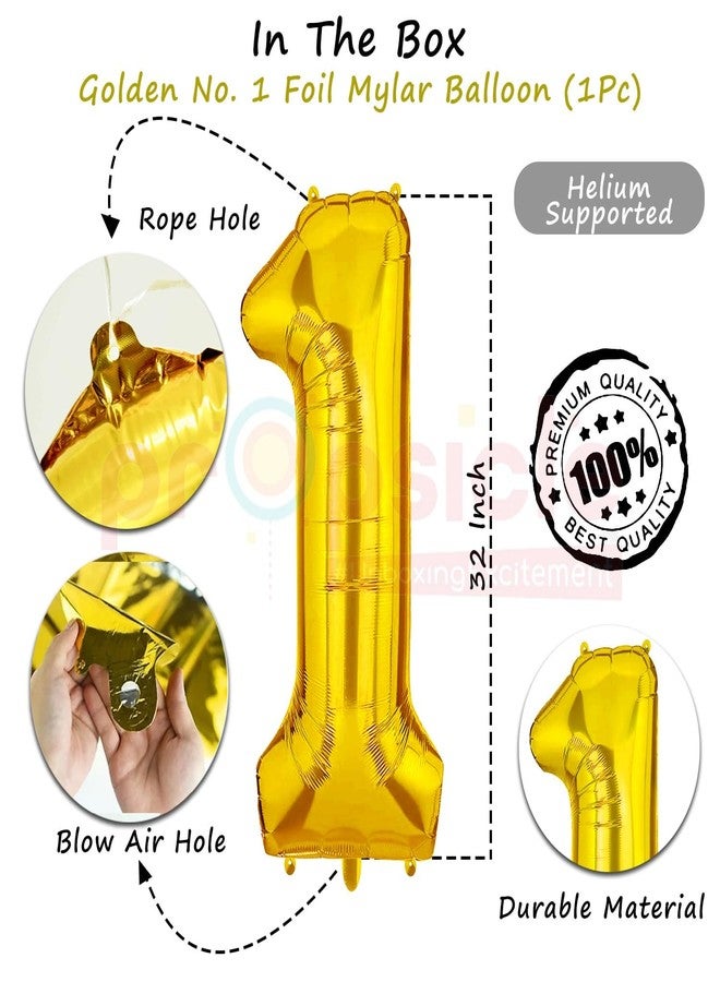 بروبسيكل بالون هيليوم ذهبي اللون من بروبسيكل، مقاس 32 بوصة، على شكل رقم 1، لتزيين حفلات أعياد الميلاد | بالونات عيد ميلاد/ذكرى سنوية | رقم واحد - Image 2